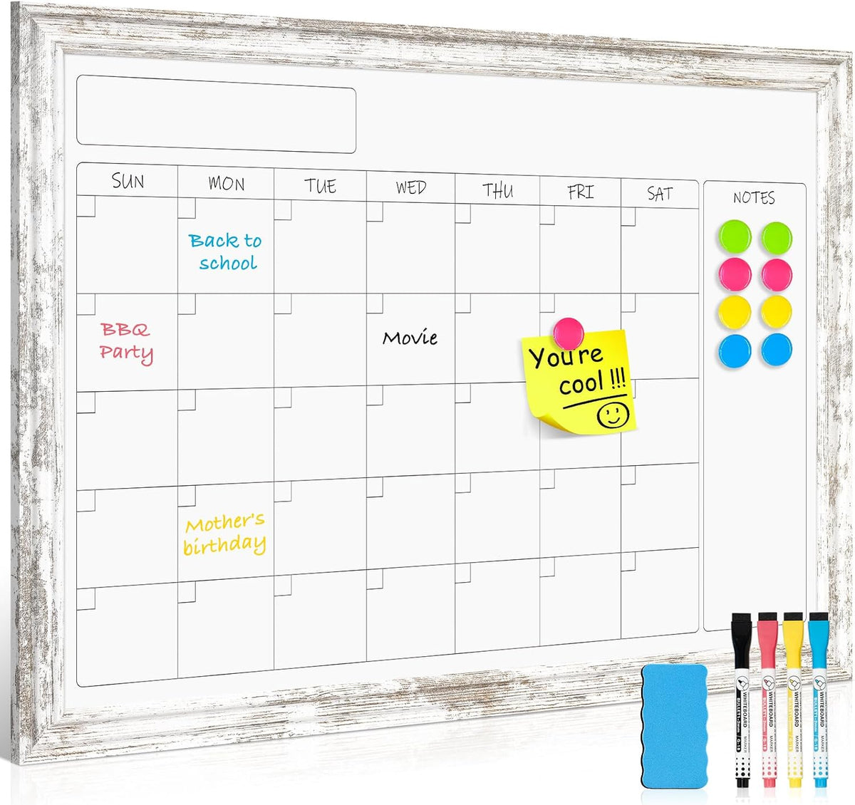 Monthly Dry Erase Calendar Whiteboard for Wall, 36"x24", Rustic Wood Frame