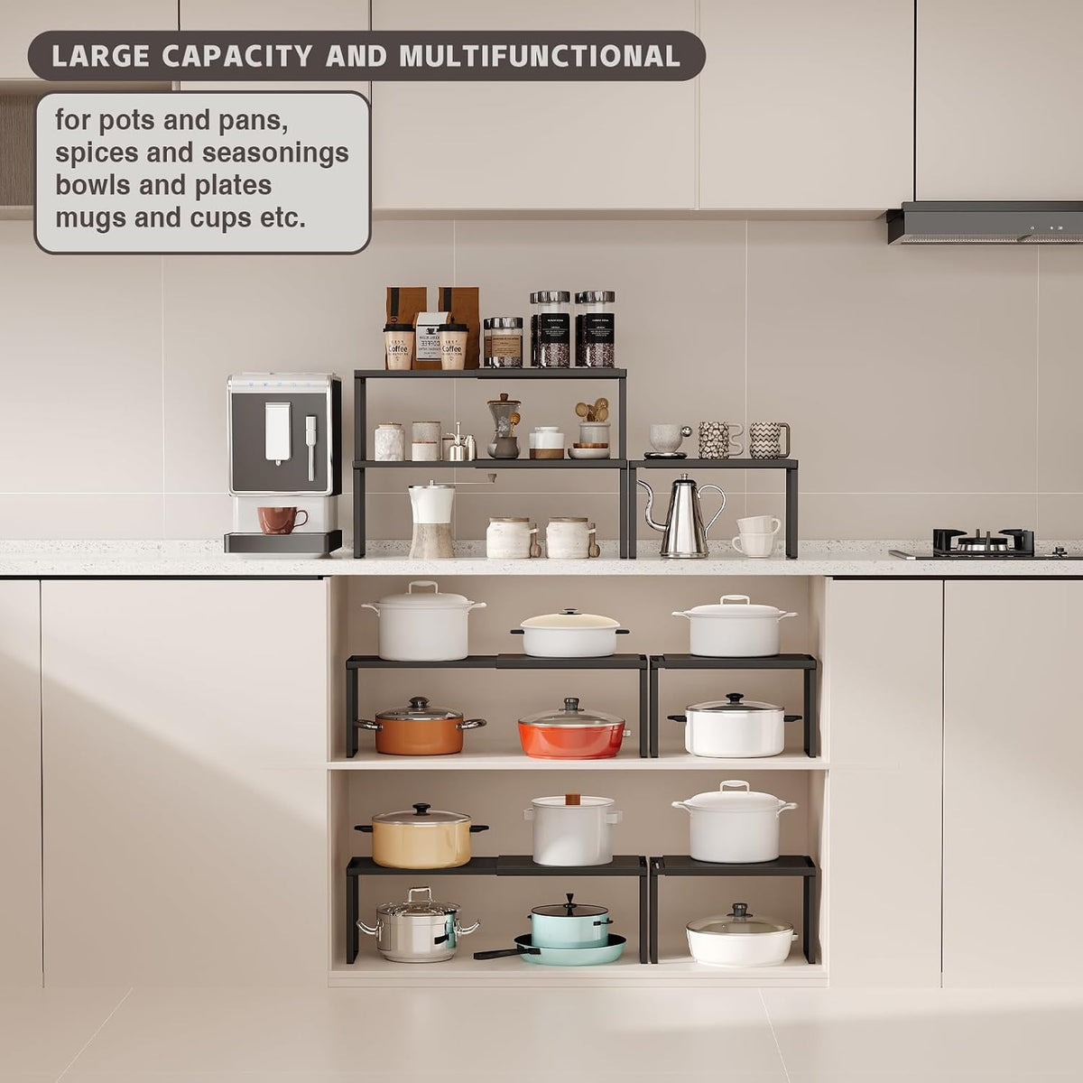 Magheo Expandable Kitchen Countertop Organizer, 2 Pack Stackable Cabinet Shelf Risers, Metal Spice Rack Heavy Duty Counter Organizer Storage for Kitchen, Pantry, Cupboard, Rv (8.7in Height,Black)
