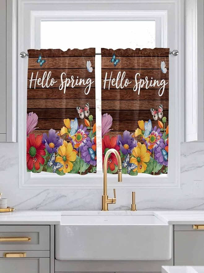 Spring Flowers Kitchen Curtains 45 Inches length, Watercolor Farmhouse Colorful