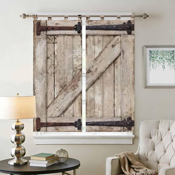 Farmhouse Wood Grain Bedroom Curtains 72 Inch Length, Window Curtains Tab Top