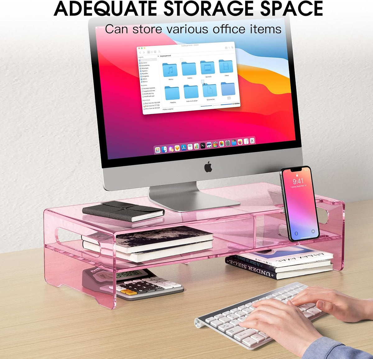 Pink Acrylic Monitor Riser, 2-Tier Desk Computer Stand With Storage & Phone Holder