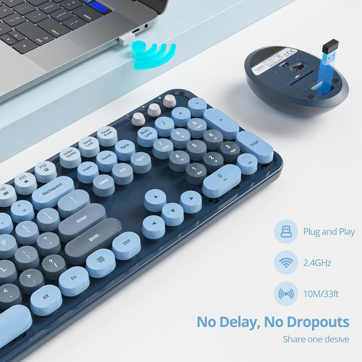 Wireless Keyboard and Mouse Set, Retro Typewriter Sea Blue