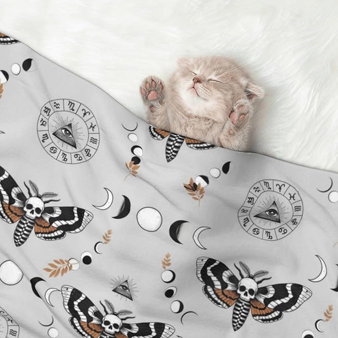 Dog and Cat Blanket in One, Butterfly Dead Head Sun Moon, Double Sided Plush Throw with Raised Dot Pattern on One Side and Flat Velvet on Other for Variety