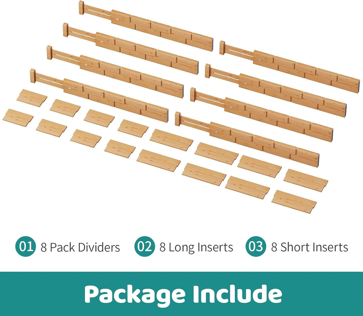 8 Pack Kitchen Drawer Dividers with Inserts, Bamboo Adjustable Drawer Organizers, Expandable Organization for Home, Dressers, 8 Dividers with 16 Inserts