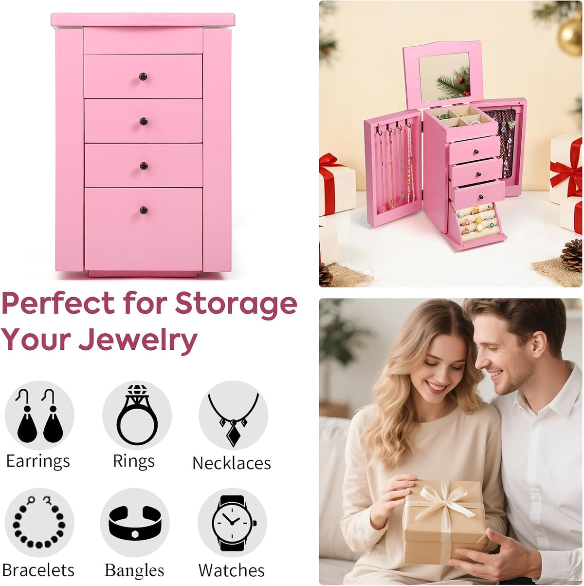 Meangood Jewelry Box Jewelry Organizer, 5-Layer Wooden Jewelry Organizers and Storage Boxes for Women Girls, Ring Earring Bracelet Necklace Holder Organizer with Mirror & Drawers (Pink)