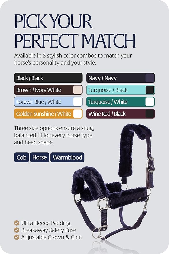 Equinavia Valkyrie Ultra Fleece Breakaway Horse Halter | Padded Fleece Adjustable Safety Halter with Nylon Webbing - Navy/Navy - Cob