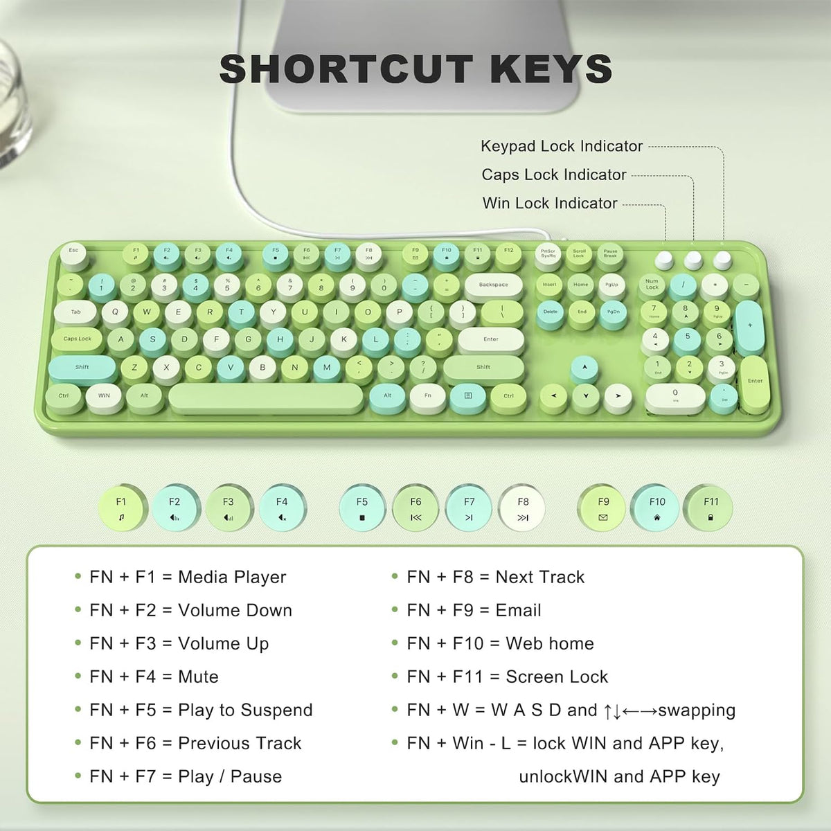 MOFII Wired Keyboard - Full Size USB Plug & Play, Retro Round Typewriter Keyboard with Foldable Stands for Windows PC Laptop (Green Colorful)
