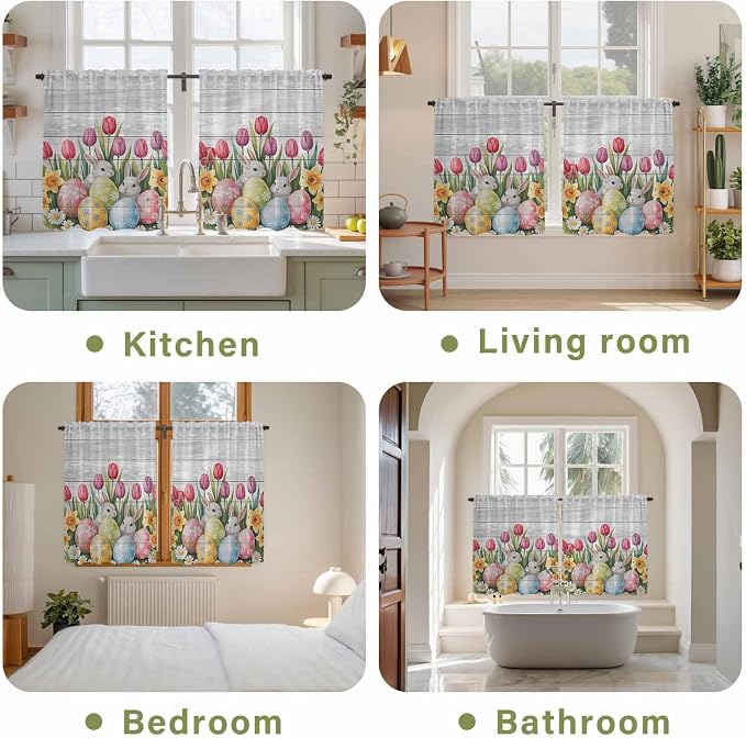 Easter Kitchen Tier Curtains 45 Inch Long 2 Panel Set, Rod Pocket Short Window