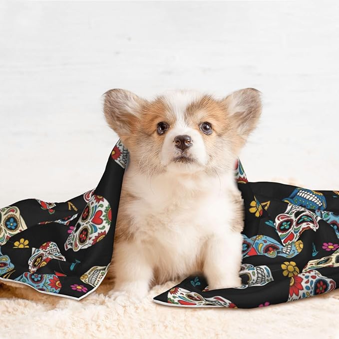 Two Sided Plush Pet Blanket for Crates Carriers Home Use, Day of The Dead Sugar Skull, Reversible Throw with Cozy Dot Fabric and Silky Reverse for Small Large Pets