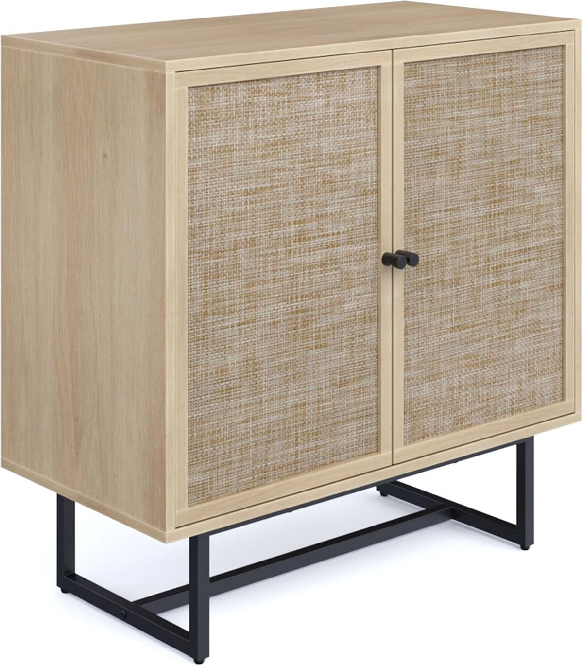 Nathan James Kova Rattan Wood Accent Sideboard Storage Cabinet TV Stand with Matte Metal Frame, Adjustable Shelves and Cane Doors, for Hallway, or Living Room, Light Oak/Cane/Black, Set of 2
