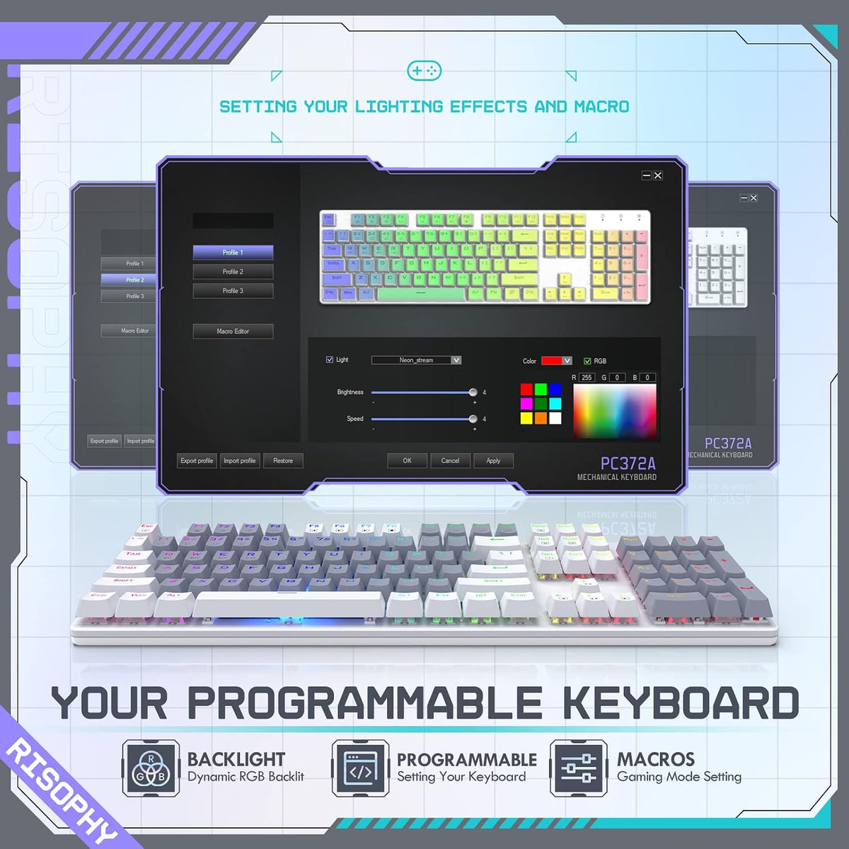 RisoPhy Wireless Mechanical Keyboard, Triple Mode 2.4G/USB-C/Bluetooth Gaming Keyboard, 104 Keys Programmable, Customize RGB Backlit, Red Switch, Bicolor PBT Keycaps, Rechargeable Wired for Laptop PC