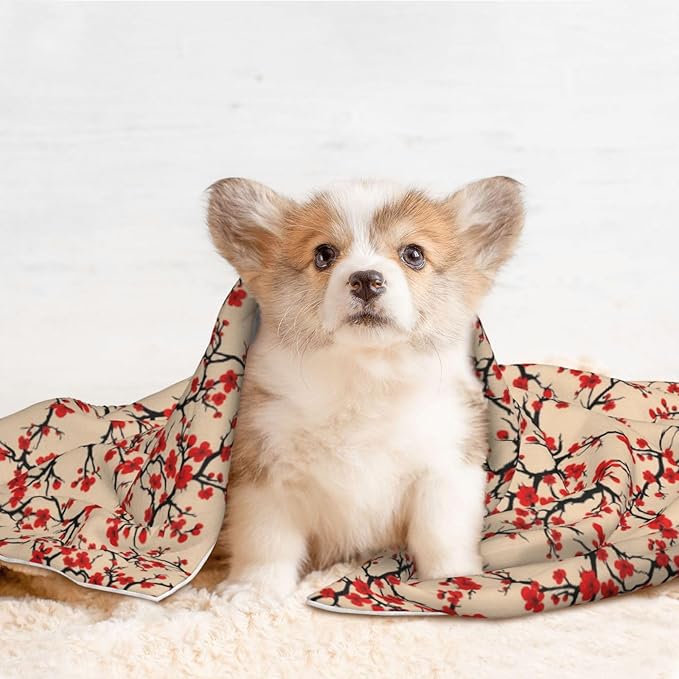 Double Sided Pet Throw for Dogs Who Shed, Blossom Japanese Cherry, Reversible Blanket with Nubby Dot Side Catches Loose Fur for Easier Furniture Cleanup