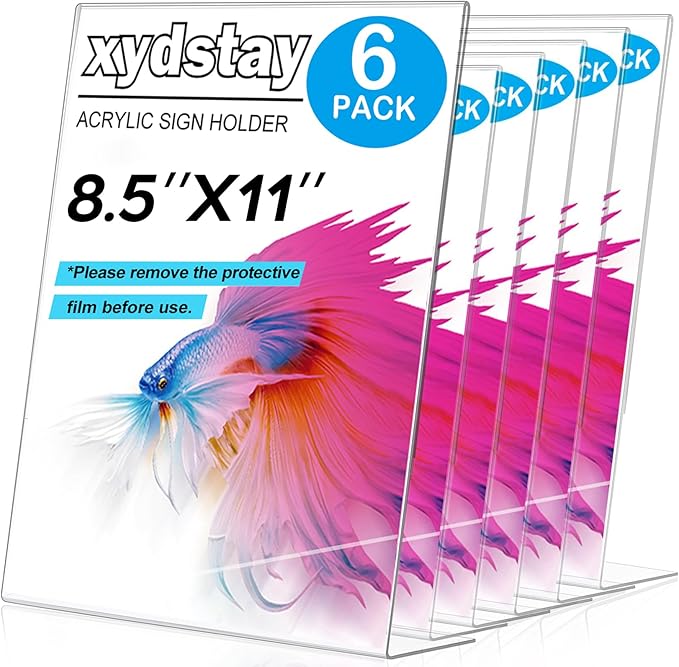 6pack 8.5x11 Acrylic, L Shape Clear Plastic, Menu Holder, Unbreakable Table sign holder for Restaurant, Office, School, Store and Home Use