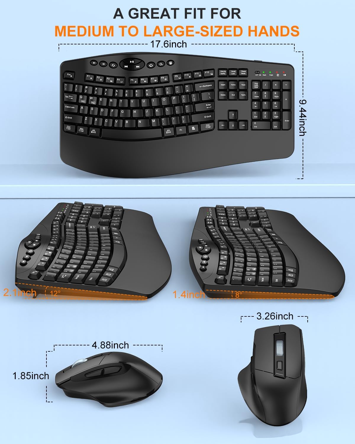 Ergonomic Wireless Keyboard and Mouse Combo, 2.4GHz Full Size Wave Keys Computer Keyboard with Wrist Rest for Natural Typing, Silent 6 Button USB Mouse for Laptop PC Windows Mac (Black)