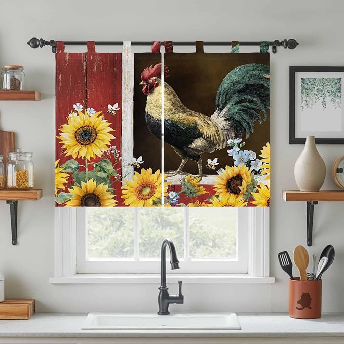 Chicken Sunflowers Bedroom Curtains 63 Inch Length, Window Curtains Tab Top