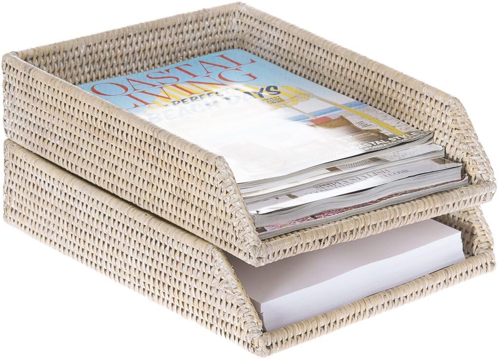 KOUBOO La Jolla Rattan Stackable Letter Tray, Paper Organizer, File Tray, Paper Tray, Desk Tray, Office Supplies, Paper Storage, Classroom Organizer, White Wash