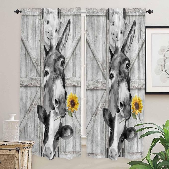 Grey Farmhouse Living Room Curtains 72 Inches Length, Vintage Sunflowers