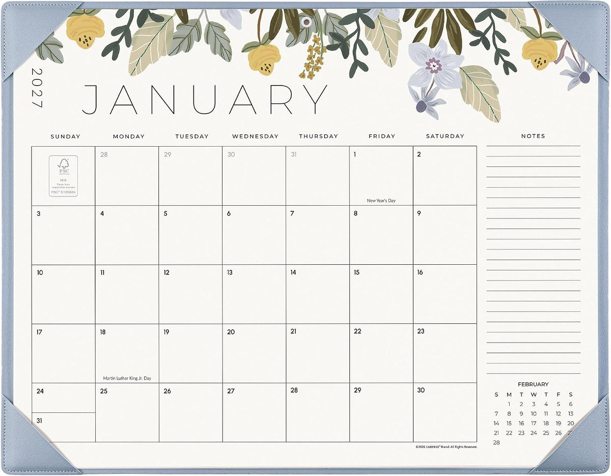 Desk Calendar 2027 with Desktop Mat, Cabbrix Large Desk Pad Calendar 22 x 17 Inch 18 Months Runs From January 2027 to June 2028, Floral Design Calendar 2027 for Home School and Office (Blue)