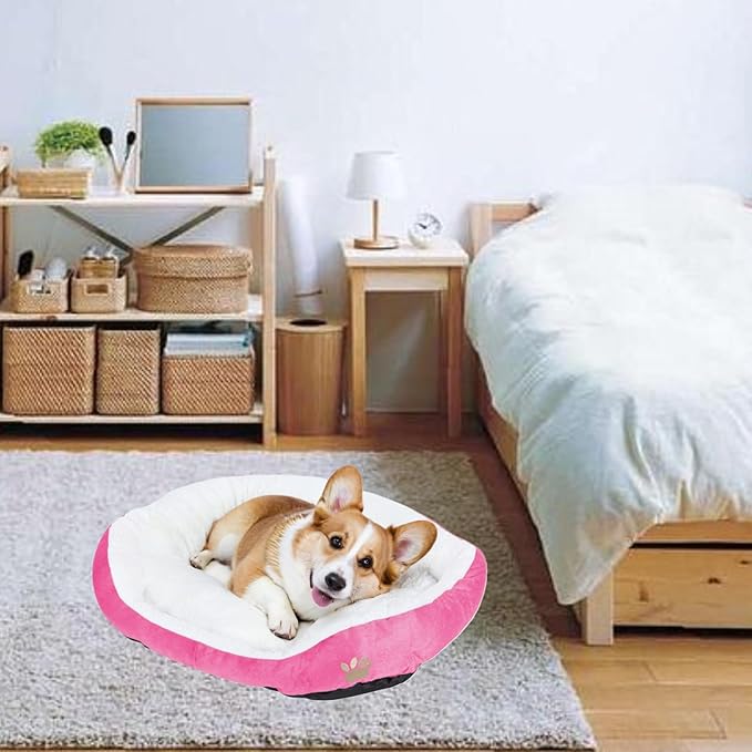 Round Dog Cat Beds Mattress Washable Pads Room, Soft Durable Plush Faux Fur Sleeping Pet Fleece Bed Mat for Small Doggy Kitten Puppy, with Anti-Slip Waterproof Bottom (Pink)