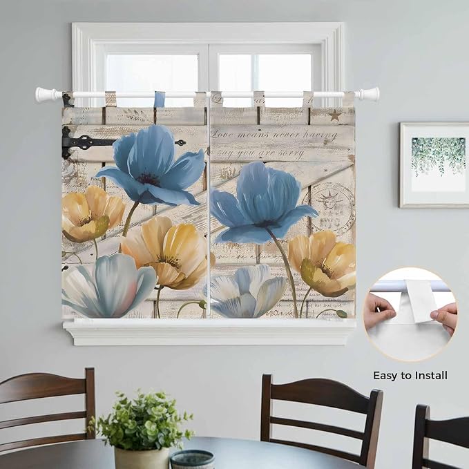 Blue Yellow Tulips Bedroom Curtains 63 Inch Length, Window Curtains Tab Top