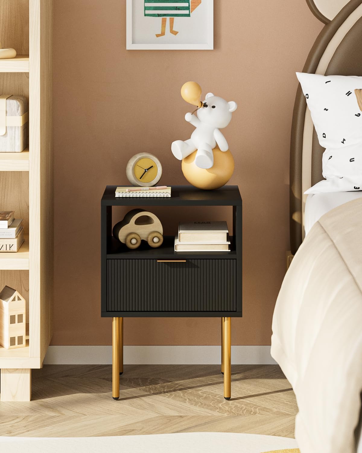 Nightstand,Morden Bedside Table with Gold Frame,Small Black Night Stand,End Table,Bedside Furniture,Side Table with Drawer and Shelf for Bedroom,Living Room (1Drawer, Black)