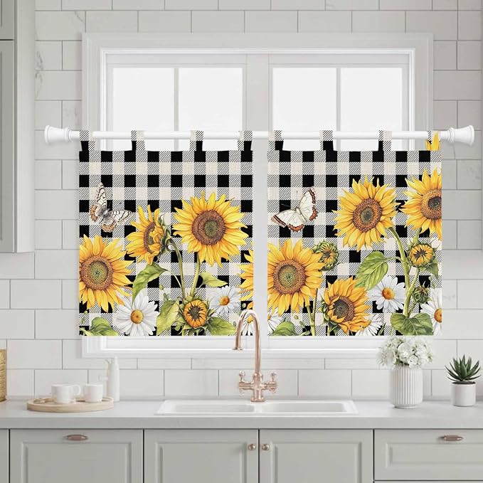 Sunflowers Kitchen Curtains 36 Inch Length, Small Window Curtains Tab Top
