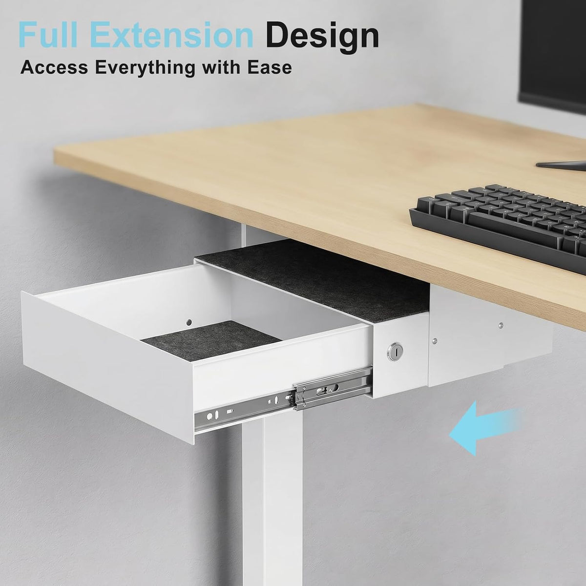 Under Desk Drawer with Lock, 13 Inch Slide-Out Metal Storage Drawer with Bracket, Drawer Organizer with Cable Management for Home Office & Standing Desk, White