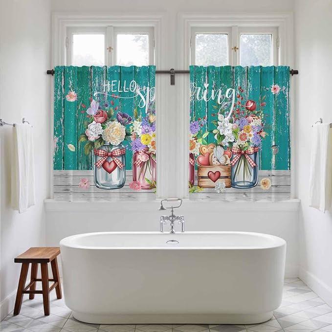 Spring Flowers Kitchen Curtains, Farmhouse Watercolor Teal Wood Grain Light
