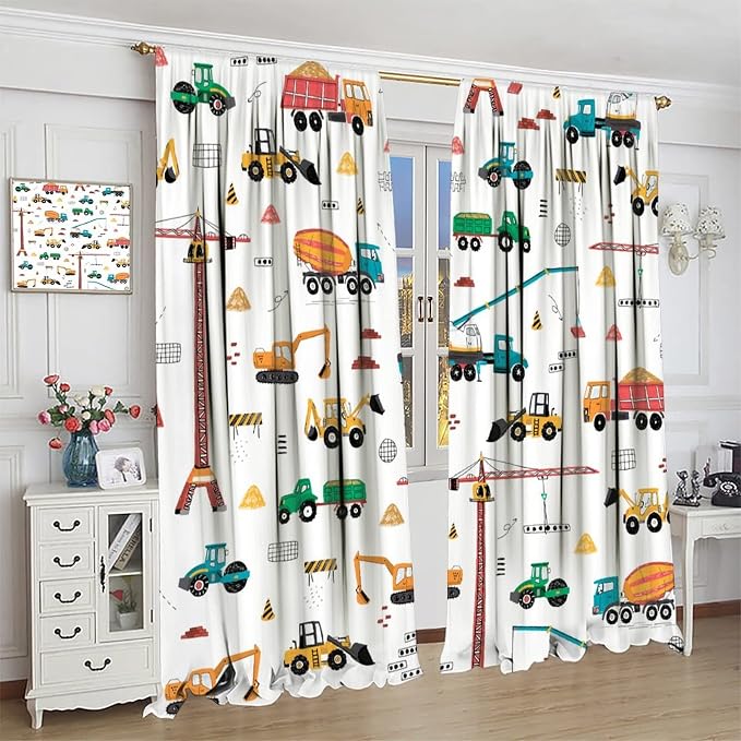 Construction Window Curtains, Kids Cartoon Construction Machines Building Hand