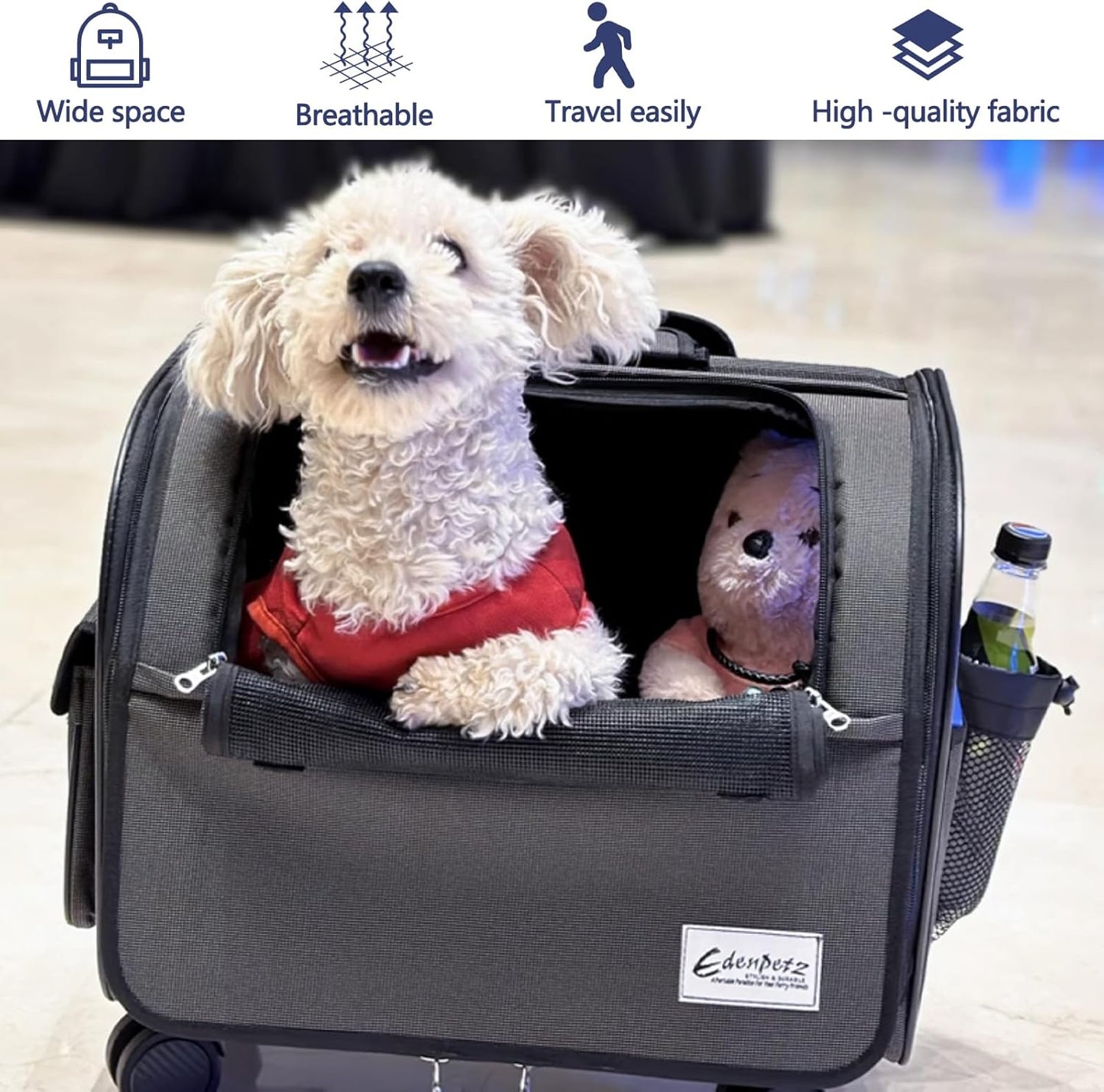 Dog Travel Bag with Removable Rolling Wheels, Airline Approved Pet Carrier, Foldable Cat Bag with Breathable Mesh, Pet Stroller(Black)