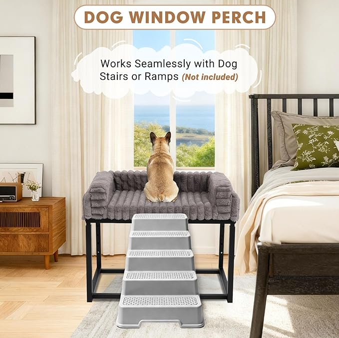 Beside Dog Bed,Adjustable Height Dog Bunk Beds,27.5''x 18''Metal Dogs Bed Frame with Washable Removable Corduroy Cover,Memory Foam Pet Bed with Sides,Medium