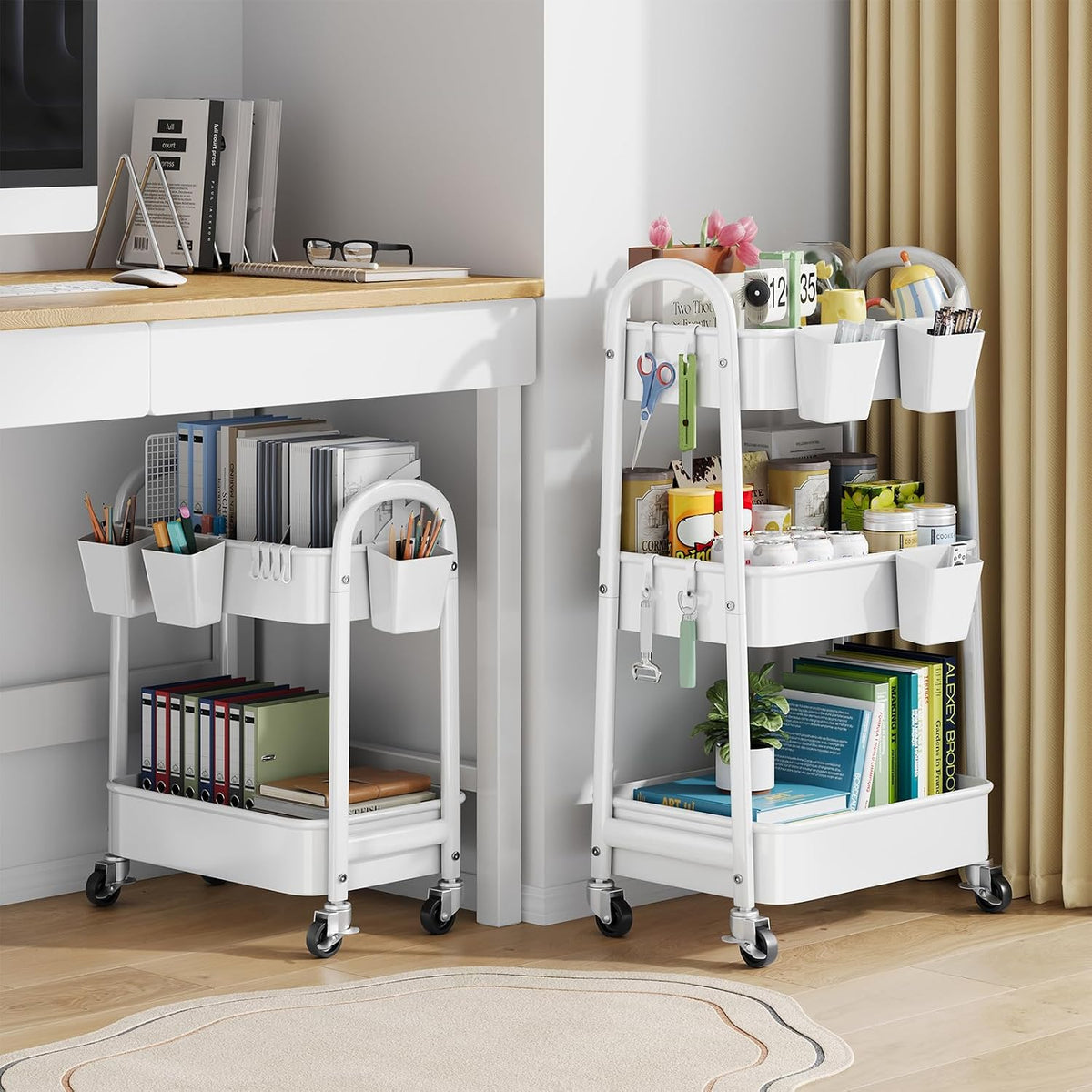 2 Tier Rolling Cart Metal with Wheels,White Under Desk Storage Roller Carts