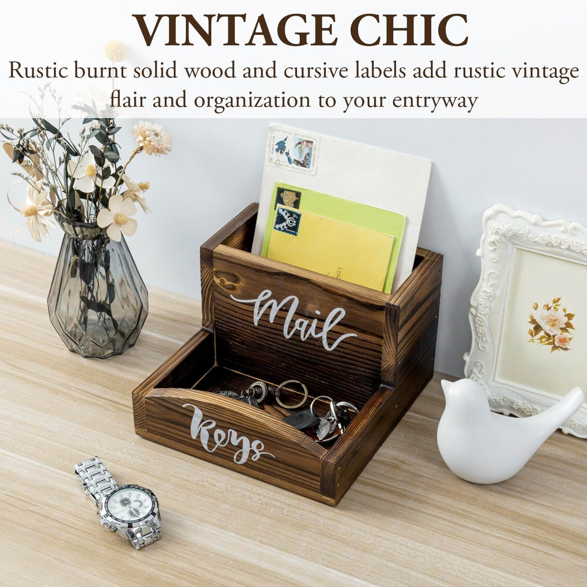 MyGift Burnt Wood Entryway Mail Organizer with Key Storage Tray
