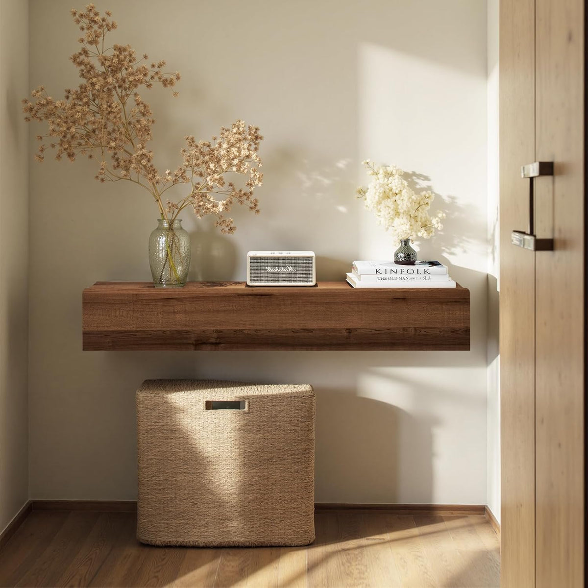 Floating Solid Wood Console Table, 32'' Wall Mounted Narrow Entryway Table with Storage Shelf, Modern Couch Shelves Small Entry Way Tables for Entryway, Front Hall, Hallway (Walnut, 31.5IN)