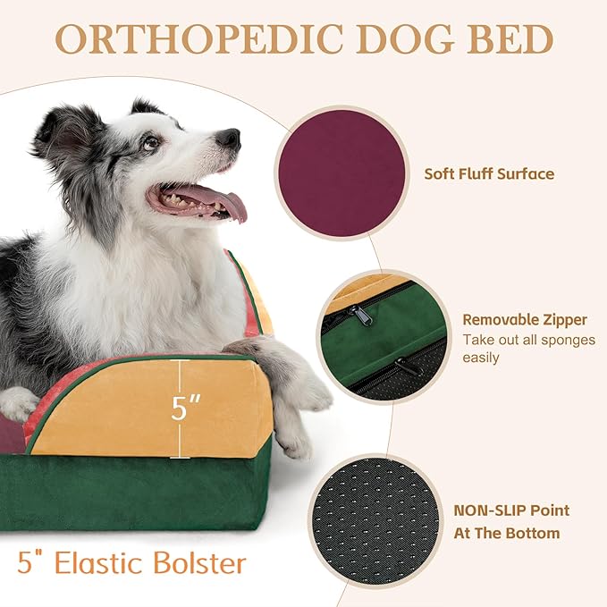 Comfort Expression Orthopedic Dog Bed for Extra Large Dogs 45x35 Inch, Waterproof Egg Crate Foam XL Pet Bed with Removable Bolsters, Dog Couch with Washable Cover & Non-Slip Bottom, Watermelon Meadow