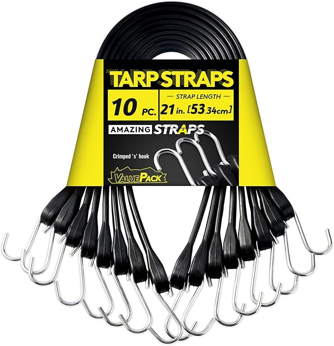 21'' Rubber Bungee Cords Heavy Duty Outdoor with 37.8" Max Stretch & Over 176 lbs Load, 100% EPDM Black Bungee Straps with Crimped S Hooks for Cargo, Tarps, Truck, Motorcycle, Weatherproof (30 Pack)