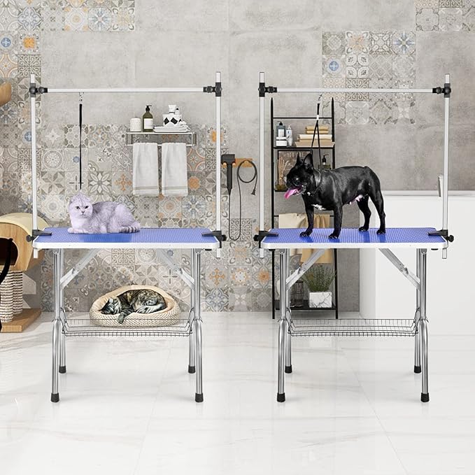SoarFlash Pet Dog Grooming Table Foldable,Heavy Duty Foldable Pet Grooming Table with Arm & Noose & Mesh Tray, Maximum Capacity Up to 330lbs, 46inch, Blue