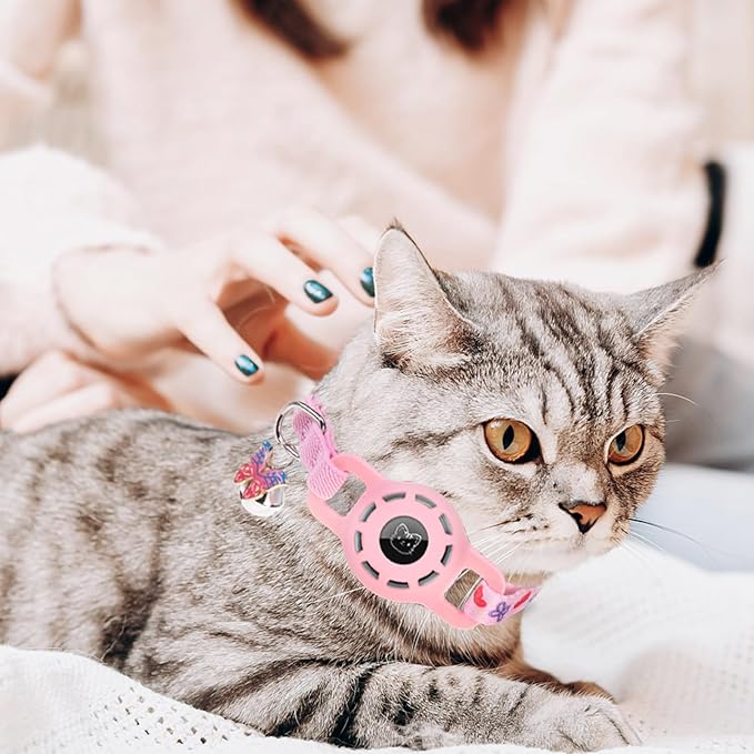 BINGPET AirTag Cat Collar with Bells, Upgraded Safety Elastic Cat Collar with Airtag Cat Collar Holder, Anti-Lost Cat Collars for Girl Boy Cats, Anti-Suffocation Kitty Puppy Collars