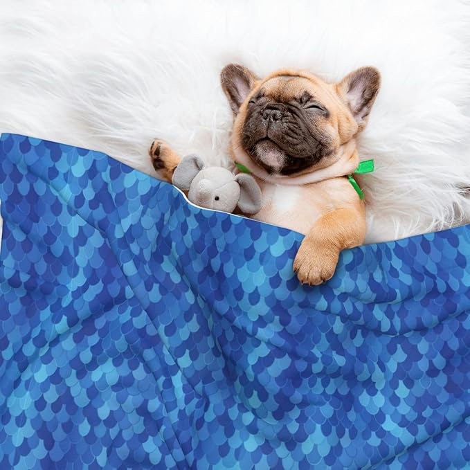 Double Sided Plush Pet Blanket with Cozy Dot Texture and Smooth Reverse, Blue Mermaid Scales, Reversible Throw for Dogs Cats on Couches Beds Crates