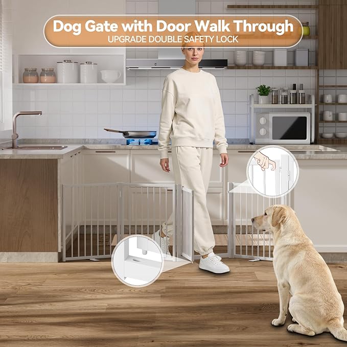 Full Metal Freestanding Dog Gate with Door, 24'' Height Foldable Pet Dog Fence for Indoor & Outdoor, 4 Panels Extra Wide Free Standing SmallDog Gates for Doorways,House,Stairs,Porch,Deck,Yard