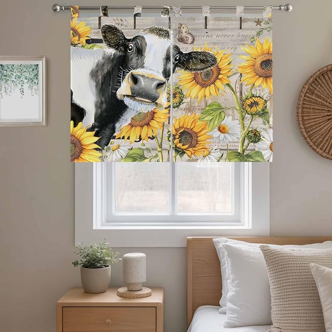 Yellow Sunflowers Kitchen Curtains 45 Inch Length, Short Cafe Window Curtains