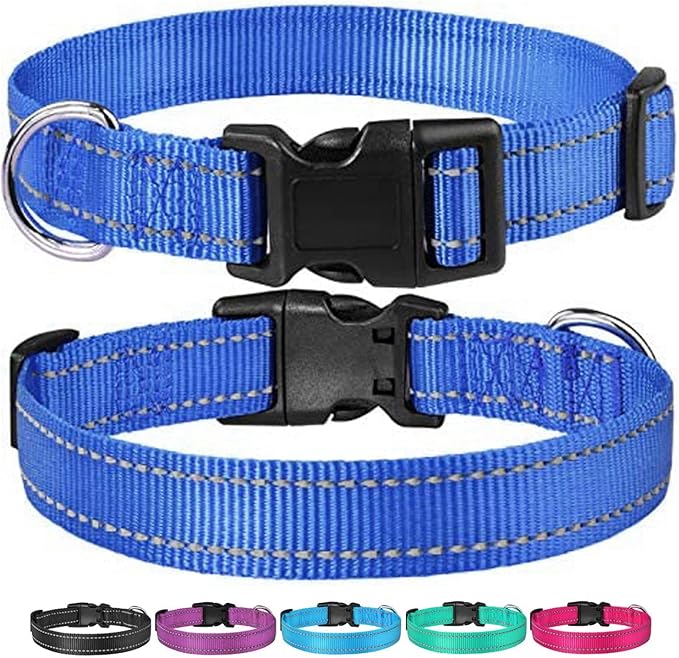 Reflective Dog Collar with Buckle Adjustable Safety Nylon Collars for Small Medium Large Dogs, Navy Blue XXS