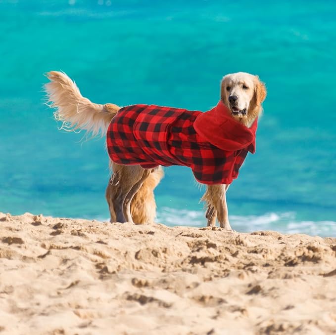 Geyecete Dog Drying Coat - Fast Drying Dog Bath Robe Towel - Microfibre Super Absorbent, Luxuriously Soft Red Black Grid - XXL