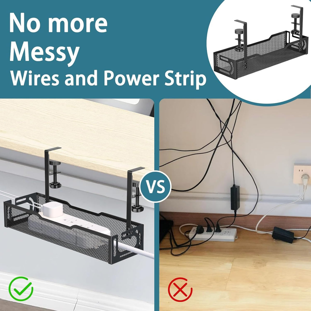 2Pack Under Desk Cable Management Tray, No Drill Mesh Desk Cable Tray