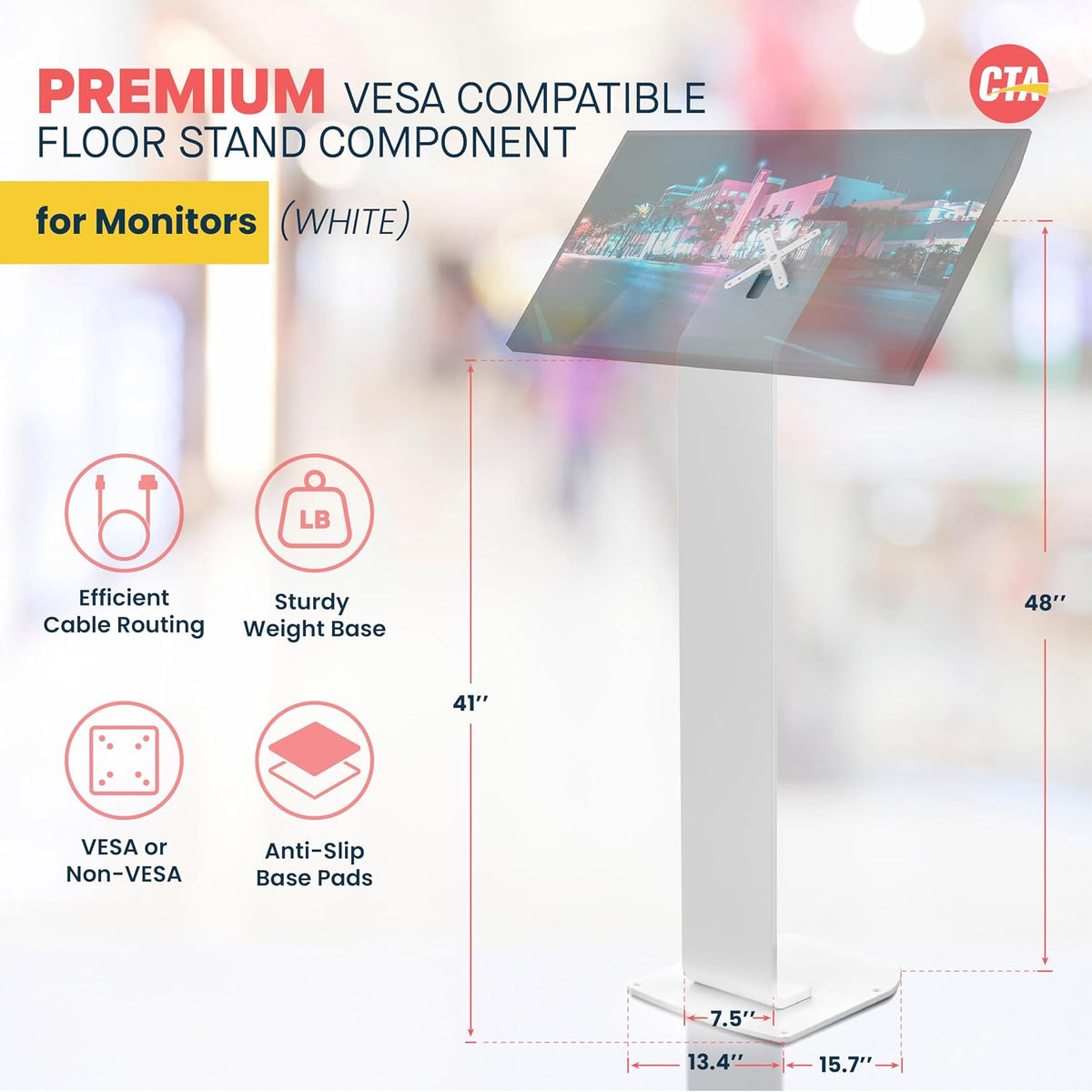 Floor Stand Kiosk - CTA Heavy-Duty VESA Compatible Floor Stand with Interior Cable Routing System and Scratch Resistant Padding on Weighted Base with Kitting Capabilities (ADD-PARAFSW) – White