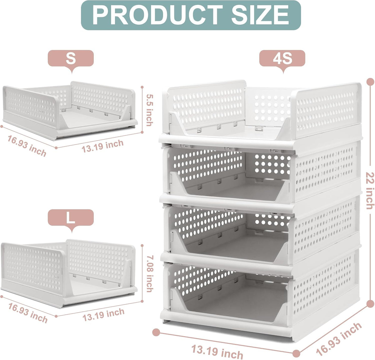 Goderewild Stackable Foldable Storage Baskets, Folding Storage Bins, Closet Organizers and Plastic Drawer Shelf Storage Container for Wardrobe, Cupboard, Kitchen, Bathroom, Office (White, 4S)