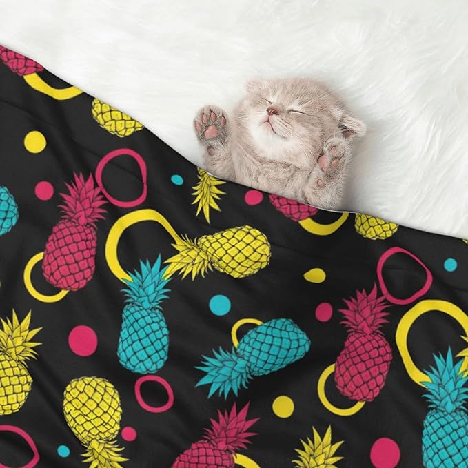 Two Sided Pet Cuddler Blanket for Anxiety Calming, Colorful Tropical Summer Pineapple Print, Reversible Plush Design with Bubble Dot Pattern Provides Familiar Surface Anywhere