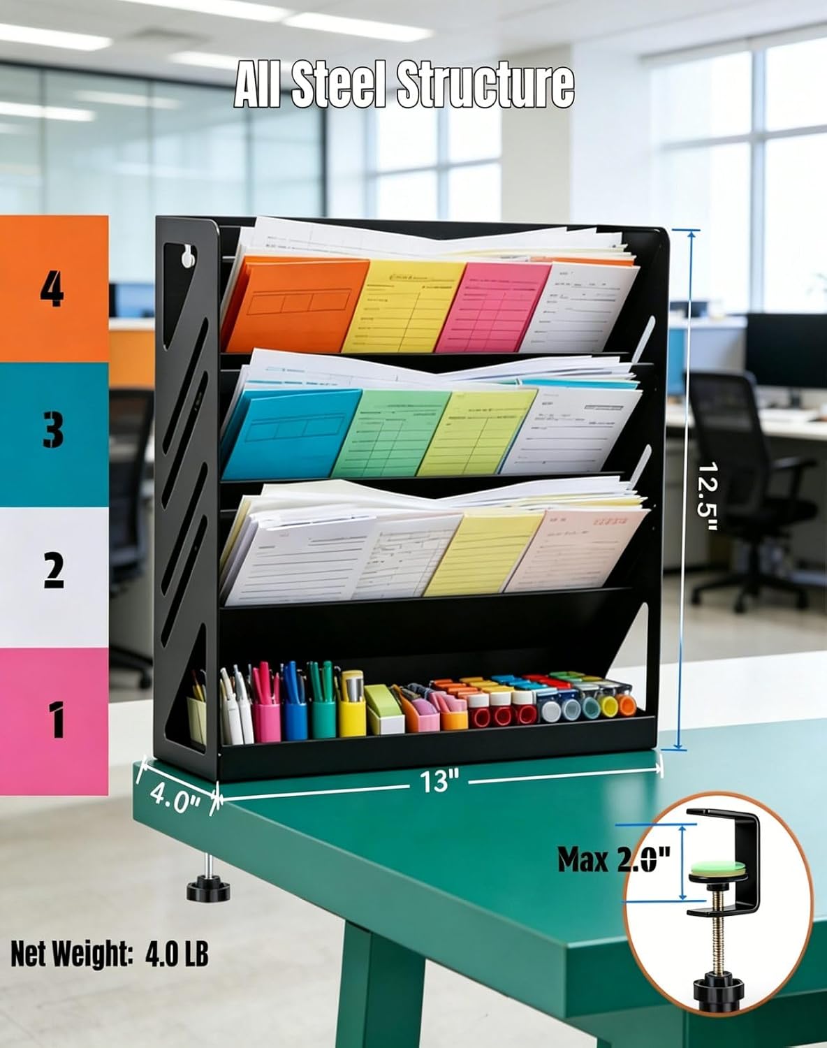 Yuxh 13" 4-Tier Clamp-On Desk Shelf, Metal File Organizer