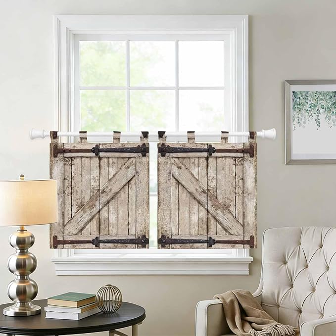 Farmhouse Wood Grain Kitchen Curtains 36 Inch Length, Small Window Curtains Tab