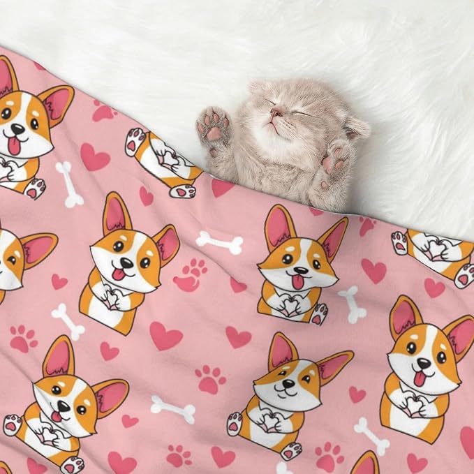 Two Sided Pet Cuddler Blanket for Anxiety Calming, Cute Happy Corgi Dog, Reversible Plush Design with Bubble Dot Pattern Provides Familiar Surface Anywhere